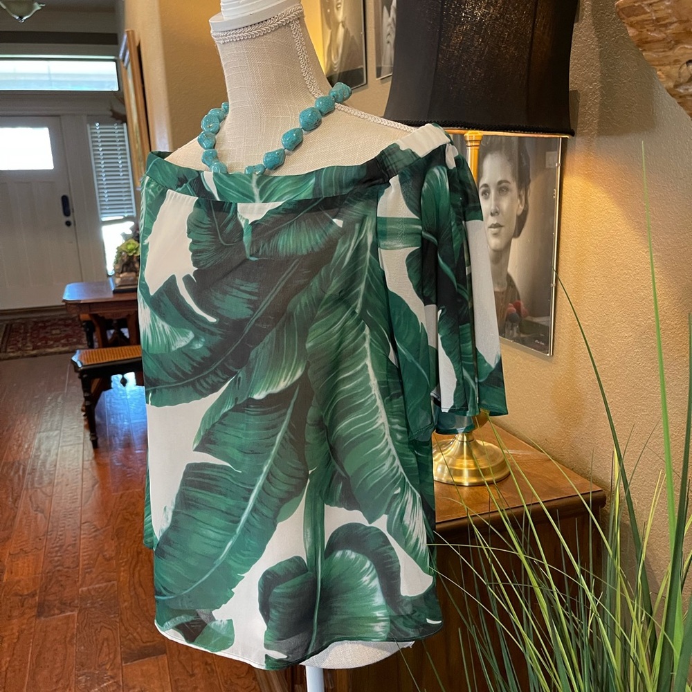 Judith March tropical banana leaf strapless top size Large Beverly Hills hotel